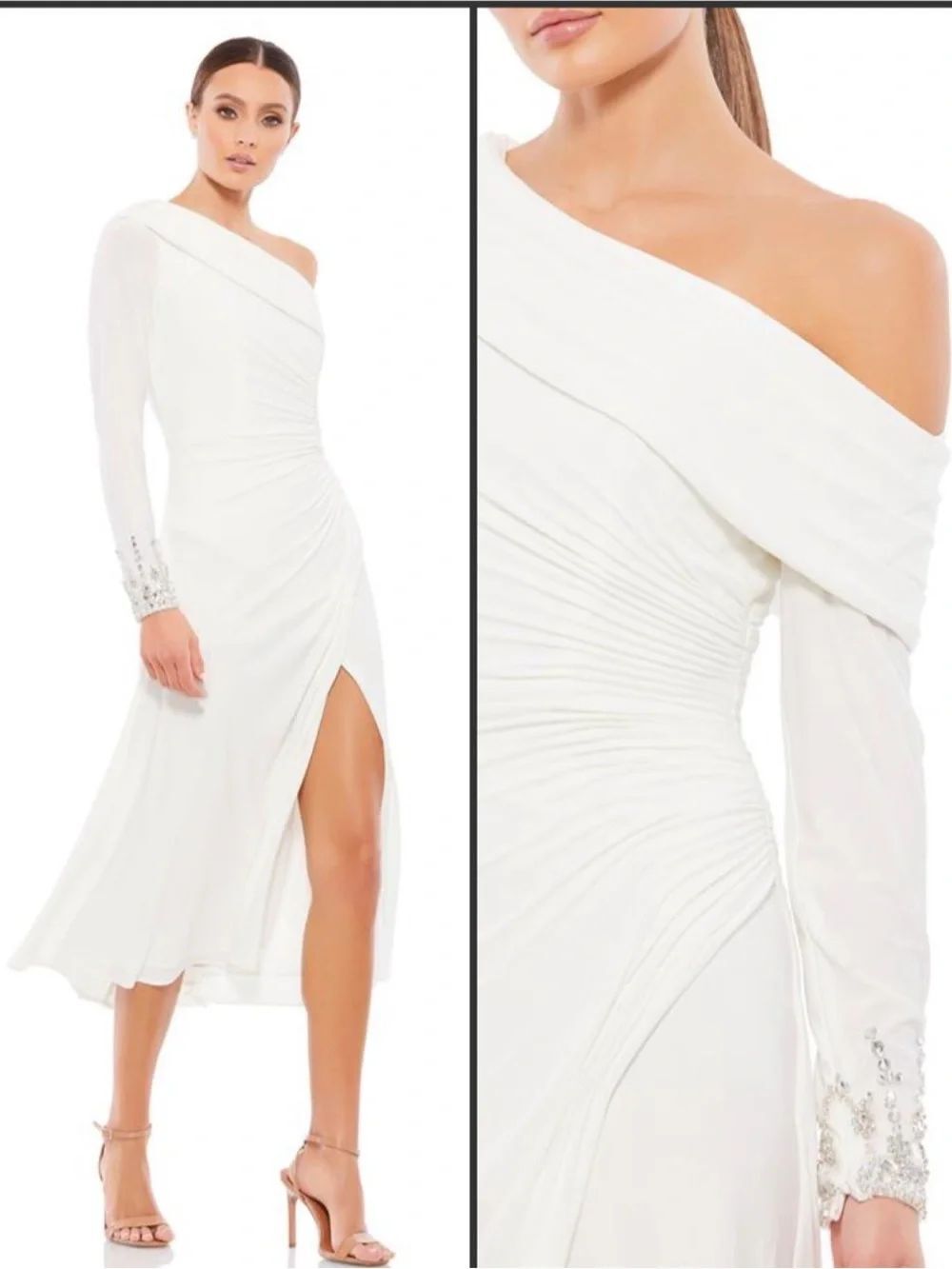 NWT MAC DUGGAL White Fold Over Long Sleeve Jeweled Midi Dress Size 14